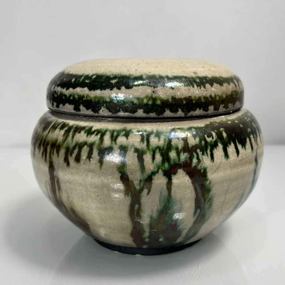 Art Studio Handmade Artist Signed Green Iridescent Glaze Pottery Lidded Urn Jar